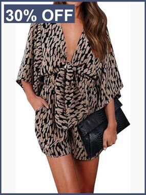 Wrap V Neck 3/4 Sleeve Loose Romper with Pockets